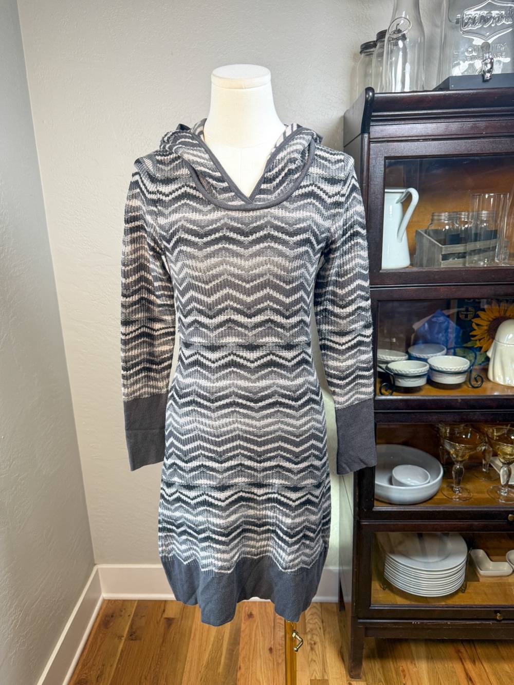 prAna Breathe Hooded Sweater Dress Gray Chevron Tunic Size S